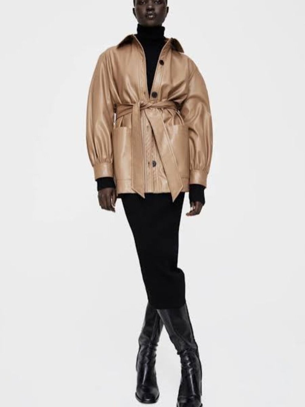 ZARA Faux Leather Contrast Button Overshirt Belted Jacket Shacket Top
